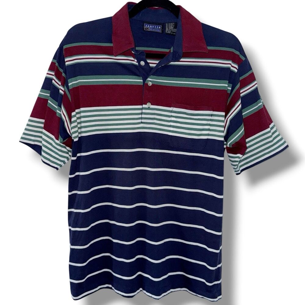 Vintage Striped Jantzen Golf Polo Shirt Size M Medium Dad Preppy 90s Colorful